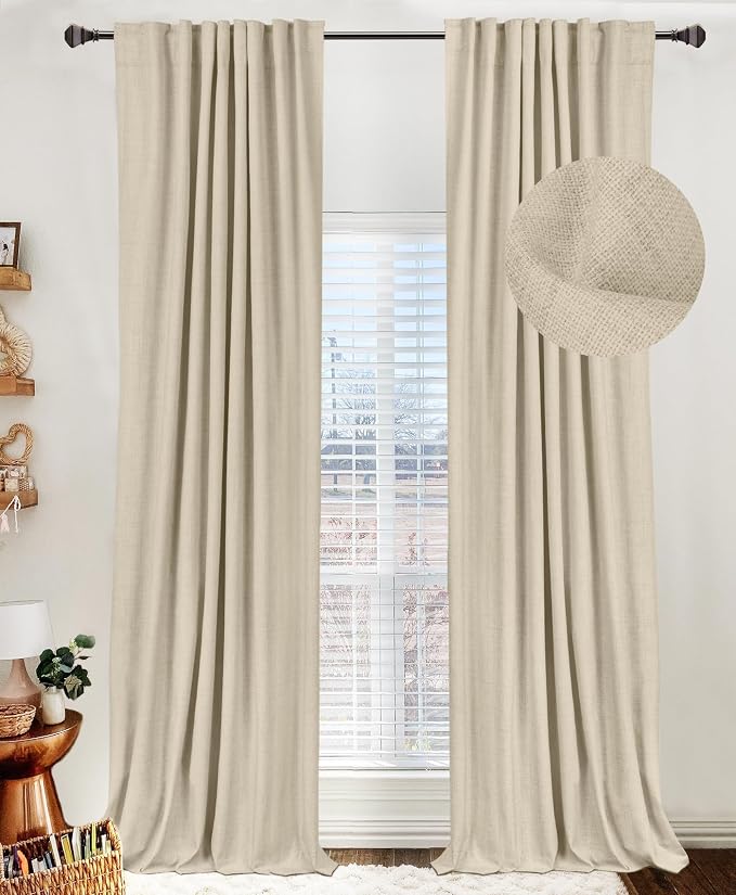 100% Blackout Shield Linen Blackout Curtains for Bedroom 108 Inches Long, Back Tab/Rod Pocket Living Room Drapes, Thermal Insulated Blackout Curtains 2 Panels Set, 50" W x 108" L, NaturalFlax