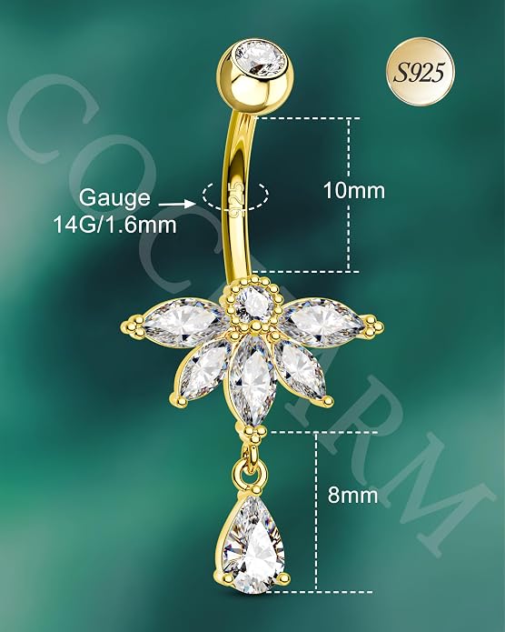 COCHARM 14K Gold Plated Belly Button Ring 14G 10MM Dangle Belly Navel Rings for Women Surgical Steel Navel Barbell Piercing Jewelry