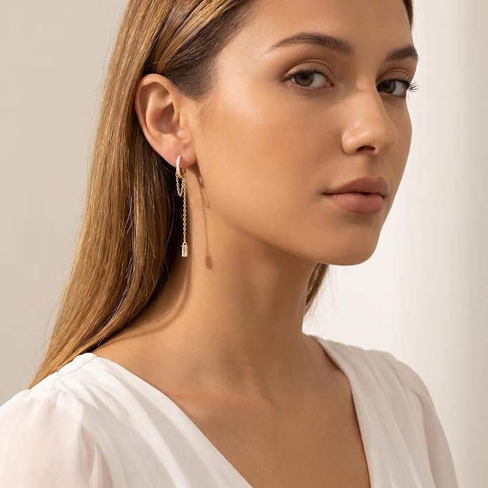 Reffeer 925 Sterling Silver CZ Chain Hoop Earrings Dangle for Women Teens Dangle Earrings Chain Drop Earrings Huggie