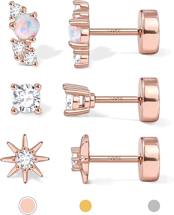 14K Gold Plated Solid 925 Sterling Silver Post Flat Back Earrings Stud | Cartilage Helix Conch Tragus Piercing Jewelry 3 Pairs Tiny Screw Dainty CZ Opal Earring Set Men Women