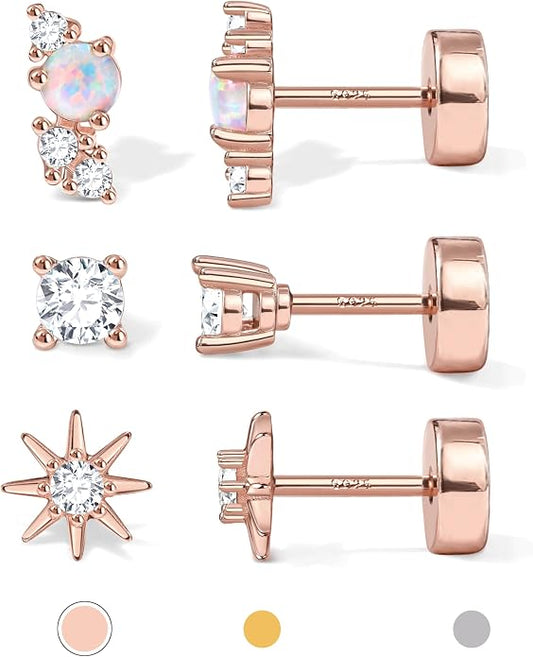 14K Gold Plated Solid 925 Sterling Silver Post Flat Back Earrings Stud | Cartilage Helix Conch Tragus Piercing Jewelry 3 Pairs Tiny Screw Dainty CZ Opal Earring Set Men Women
