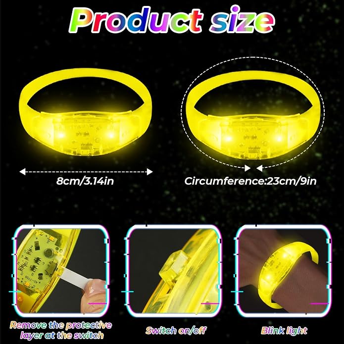 24 Pack Light UP Bracelets Sound Activated Flashing Wristbands Music Control Glow in the Dark Bracelets for Rave Game Prizes Carnival Concerts Night Events Mardi Gras Party Favors