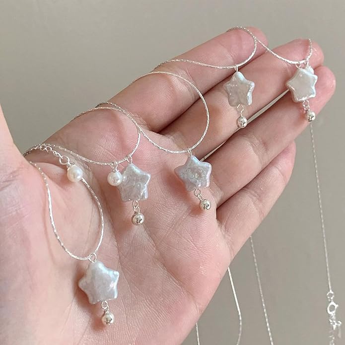 Baroque Pearl Necklaces for Women, Star Shaped Pearl Pendant Necklace Pentagram Natural Freshwater Pearl Choker Necklaces Jewelry Gift for Her, 18'' Chain with Extender