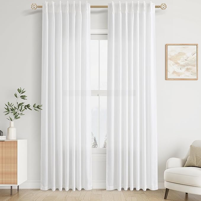 White Linen Curtains 84 Inches Long for Living Room Pinch Pleat with Hooks for Track System Back Tab Cotton Textured Drape Light Filtering Semi Sheer Off White Bedroom Window Curtain 84 Inch Length
