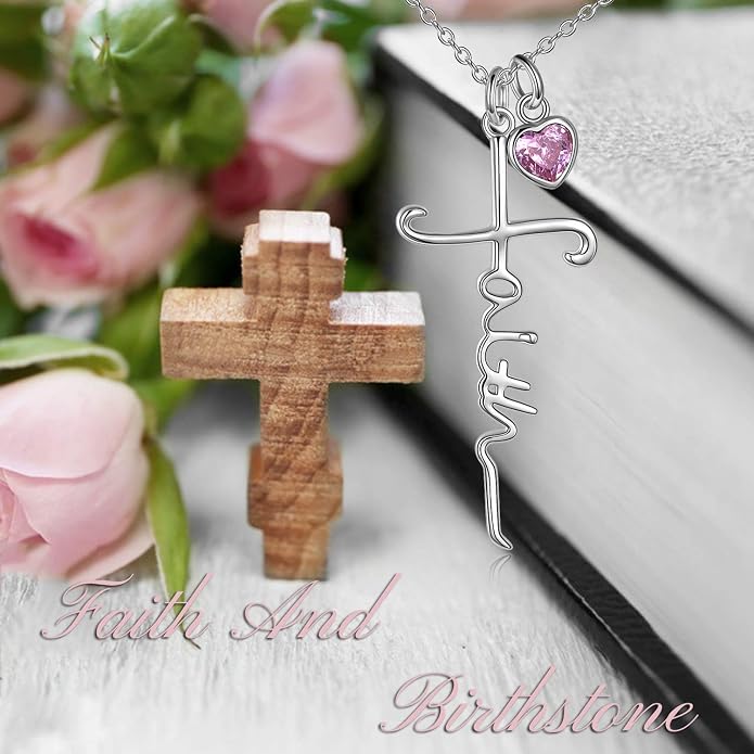 Faith Cross Necklace For Women Birthstone Sterling Silver with Simulated Birthstone Cross Jewelry Christian Gifts