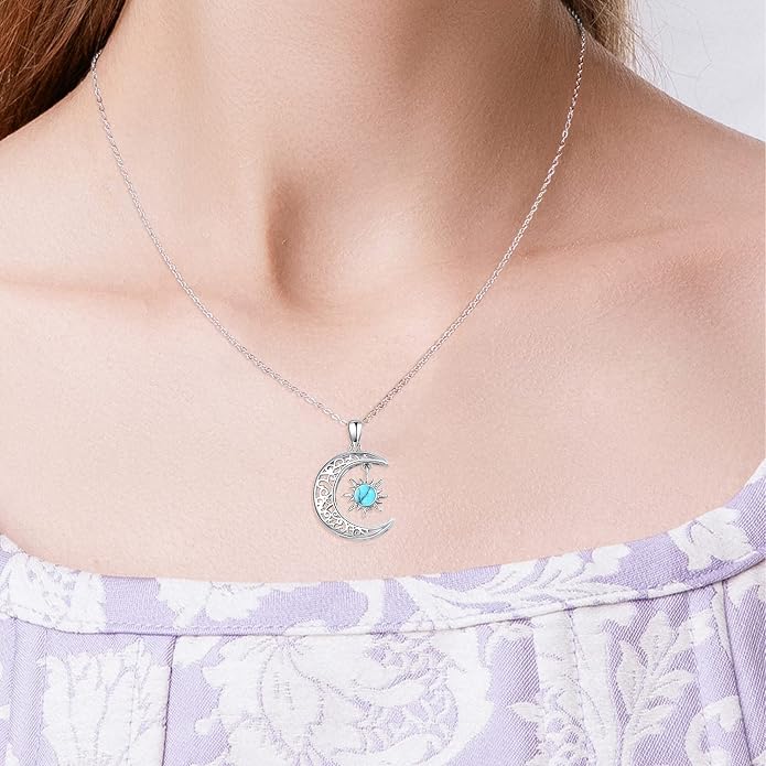 TRISHULA Moon Star Necklace, 925 Sterling Silver Crescent Moon Sun Pendant with Moonstone Crescent Jewelry Gift for Her Sister Birthday Christmas