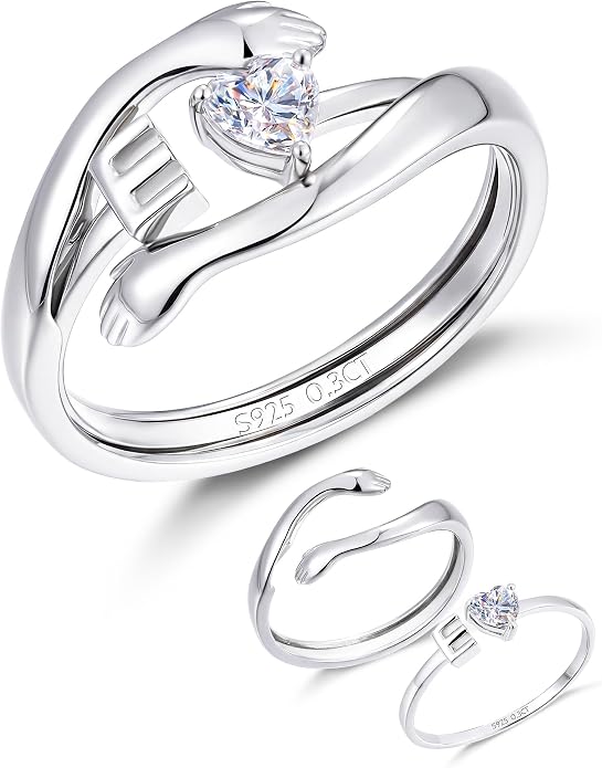 2-in-1 Hug Letter Ring for Women Sterling Silver Moissanite Heart Ring with Personalized Initial with “Always With You” Message Gift for Mom Daughter Granddaughter Girlfriend