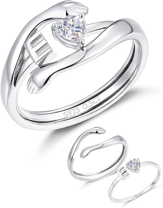 2-in-1 Hug Letter Ring for Women Sterling Silver Moissanite Heart Ring with Personalized Initial with “Always With You” Message Gift for Mom Daughter Granddaughter Girlfriend