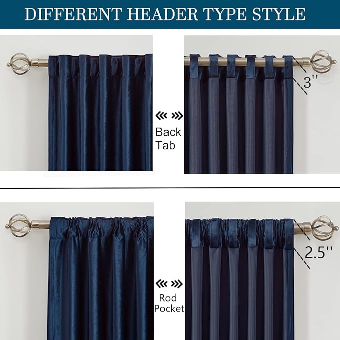 Navy Blue Velvet Curtains 63 inch Long for Living Room,Luxury 2 Panels Room Darkening Rod Pocket Back Tab Curtain Elegant Thermal Insulated Heavy Soundproof Decorative Window Drapes for Bedroom