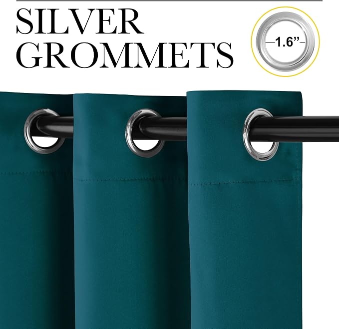 NICETOWN Teal Blackout Cafe Faux Silk Curtains for Small Windows, 42" Wide by 84" Long, 2 Panels, Grommet Thermal Insulated Blackout Satin Drapes for Bedroom