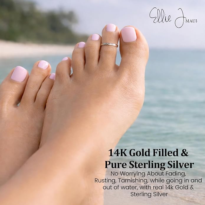Ellie J Maui Toe Ring for Women– 14k Adjustable – Silver, Gold, or Rose Gold – Simple and Comfortable | 1.3 Hammered band Gold Filled ring, Rose Gold, Sterling Silver