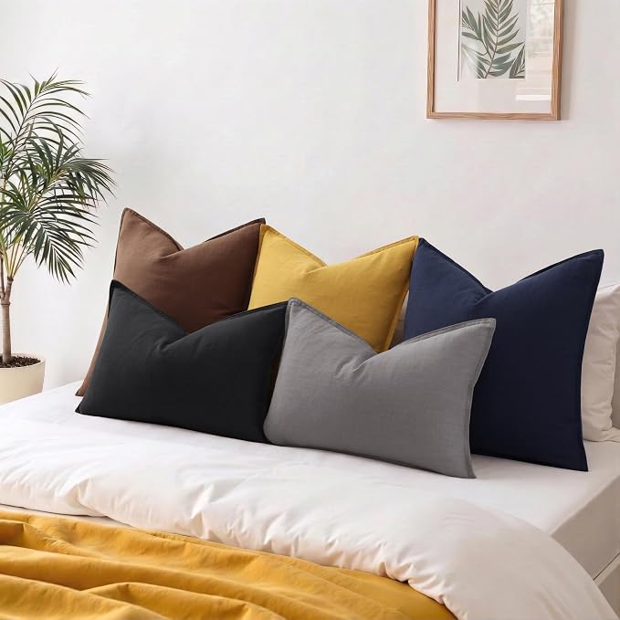 decorUhome Fall Dark Grey Linen Throw Pillow Covers 12x20 Set of 2 | Decorative Soft Cozy Modern Farmhouse Boho Accent Pillow Cases with Flange Edges for Couch Bed Sofa Living Room Home Decor