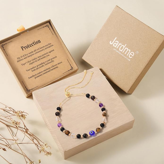 Jardme Natural Healing Crystals Bracelets for Women, Anxiety Relief Triple Protection Good Luck, Kalm Bracelet, Inspirational Spiritual Jewelry Gift for Friends Daughter Mom 6.5+2 Inches
