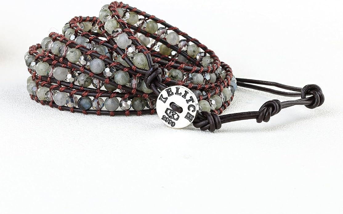 KELITCH Pearl Crystal Beads Bracelets Handmade Natural Leather 5 Wrap Bracelet for Women Classic Bangle Jewelry