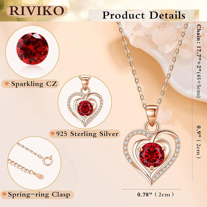 RIVIKO Heart Birthstone Pendant Necklace for Women 925 Sterling Silver Zirconia Necklaces Valentine's Day Anniversary Birthday Mothers Day Jewelry Gifts For Her Mother Wife