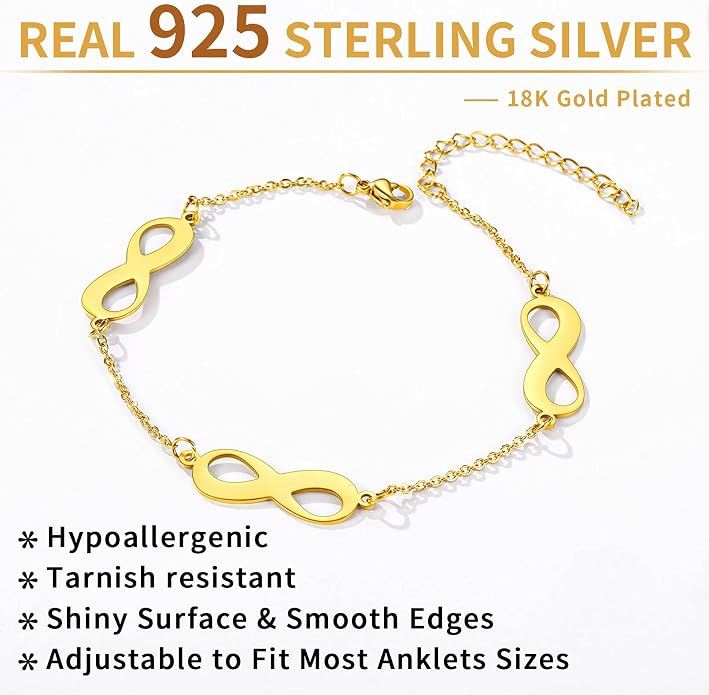 ChicSilver Personalized 925 Sterling Silver Infinity Anklets for Women, Dainty Beach Foot Jewelry (with Gift Box)