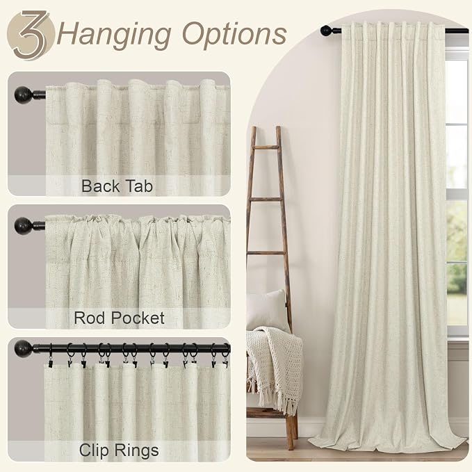 Pitalk Black Out 96 Inch Long Boho Curtains 2 Panel Set Farmhouse Curtain for Living Room Darkening Thermal Noise Reduction Textured Faux Linen Drape 8ft Back Tab Pocket Cream Beige 52x96 Floor Length