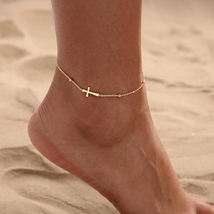 Ankle Bracelets for Women 14K Gold/Silver Plated Cross Heart Bead Anklet Waterproof Adjustable Chain Non Tarnish Cute Boho Trendy Dainty Summer Beach Foot Jewelry Gift for Her