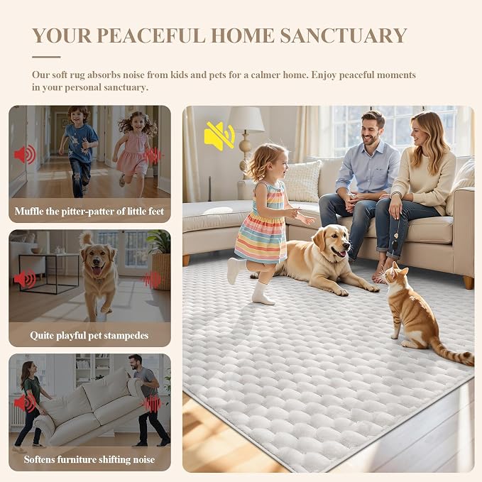 Vaukki 6x9 Area Rug for Living Room, Non Slip Washable 3D Bubble Living Room Rug, High Low Pile Hexagon Floor Mat for Bedroom, Modern Soft Fluffy Carpet for Dining Room, Office and Nursery, White