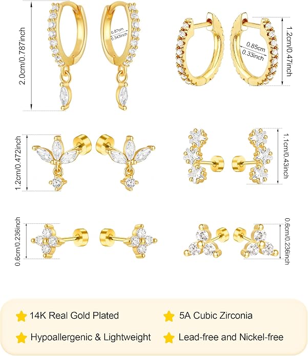 14K Gold Plated Dainty Stud Hoop Earrings for Women 6 Pairs Huggie Hypoallergenic Silver Gold Flat Back Cartilage Stud Earrings Set for Multiple Piercing Luxury Cubic Zirconia Drop Earrings Jewelry Trendy Gifts