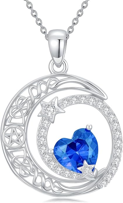 Dorunmo Heart Birthstone Necklace for Women 925 Sterling Silver Moon and Star Pendant Birthday Jewelry Gifts for Wife Her Daughter Mom