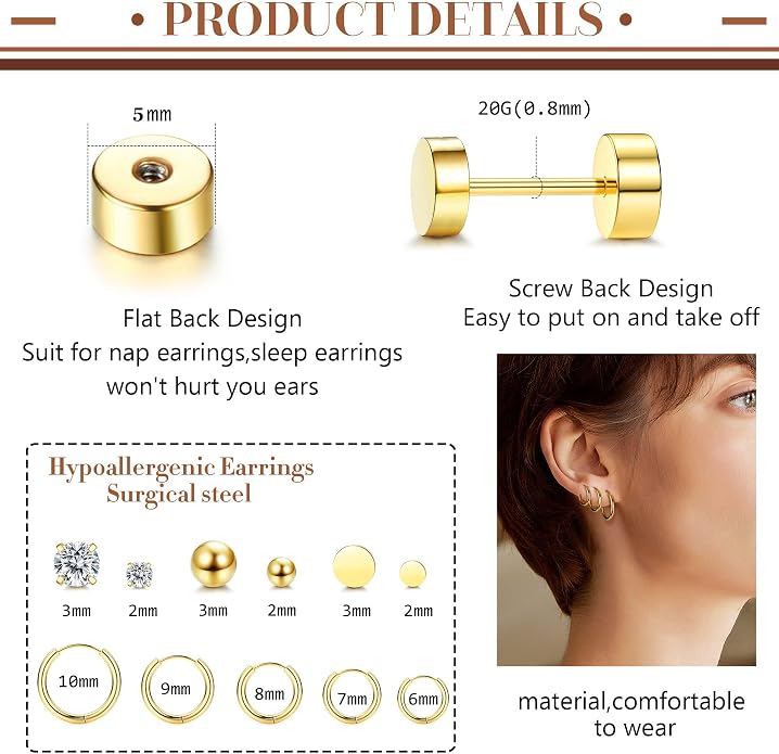 LOLIAS Small Hypoallergenic Flat Back Stud Earrings for Women Men 14K Gold Plated Surgical Stainless Steel Earring Sets Tiny Screw Back Cartilage Earrings for Sensitive Ears