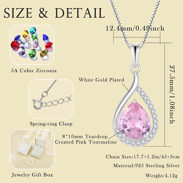 Teardrop Birthstone Necklace for Women 925 Sterling Silver White/Yellow Gold Plated Cubic Zirconia Pendant Necklace Jewelry for Her