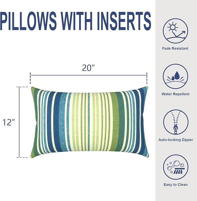Outdoor Lumbar Pillows, Water Repellent Cushion Pillows 12x20 Inch, Outdoor Pillows with Inserts for Home Garden, Pack of 2, Stripe Blue Green