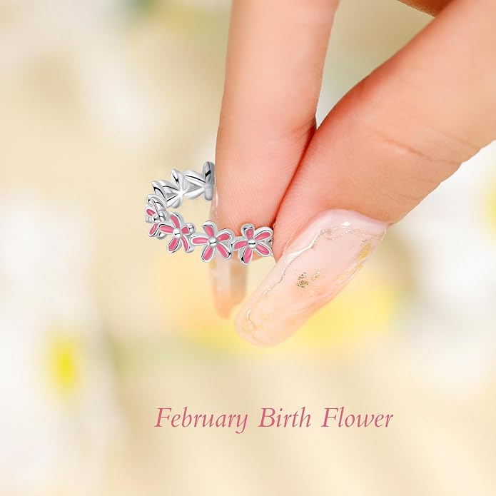 S925 Sterling Silver Dainty Daisy Flower Rings for Women, I Think Of You Every Daisy, 12 Month Birth Flower Ring