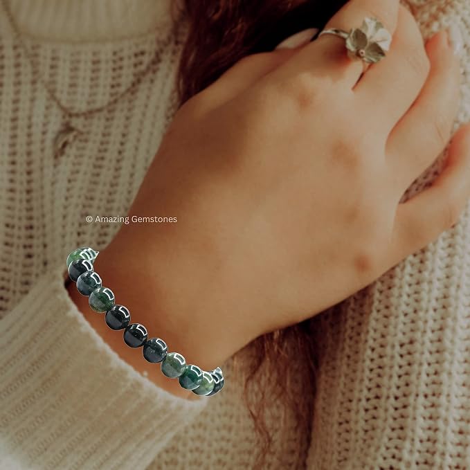 Amazing Gemstone Moss Agate Bracelet for Women Men's Gifts - Protection Healing Crystal Bracelet - 8mm Gemstones Beaded Adjustable Bracelet Pulseras para Hombres Mujer Stocking Stuffers
