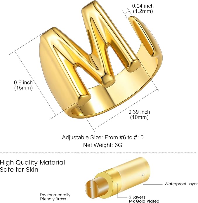 KeyStyle Bold Initial Letter Rings Adjustable, GoldChic Jewelry Women Gold Statement Ring Personalized Engraved Women’s Open Signet Ring for Party (Gold, White Gold, Black)