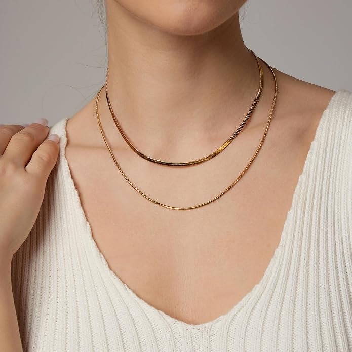 18K Gold Plated Layered Herringbone Necklaces for Women Dainty Layering Beaded Snake Chain Choker Moon Coin Pendant Necklace Trendy Stainless Steel Jewelry