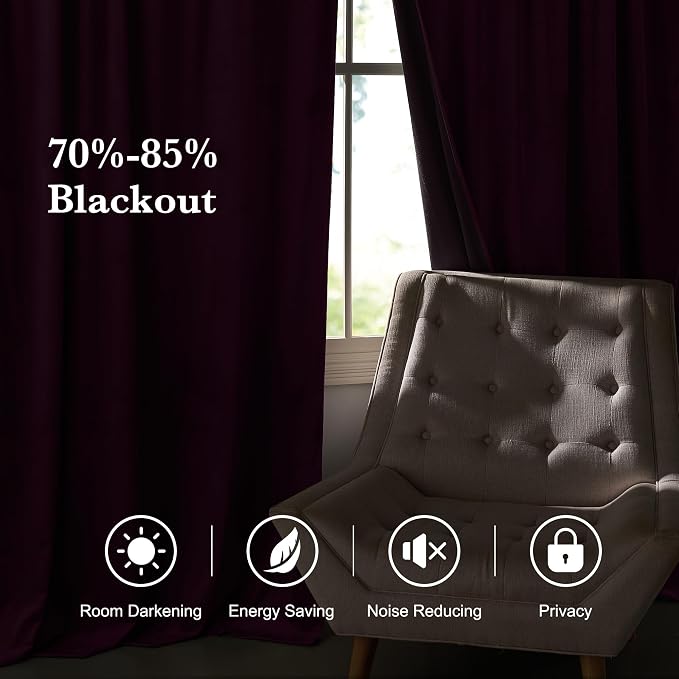 RYB HOME Eggplant Purple Velvet Curtains for Bedroom Living Room, Thermal Insulated Privacy UV Heat Blocking Luxurious Soft Rod Pocket Back Tab Drapes for Nursery, 52" W x 90" L, 2 Panels