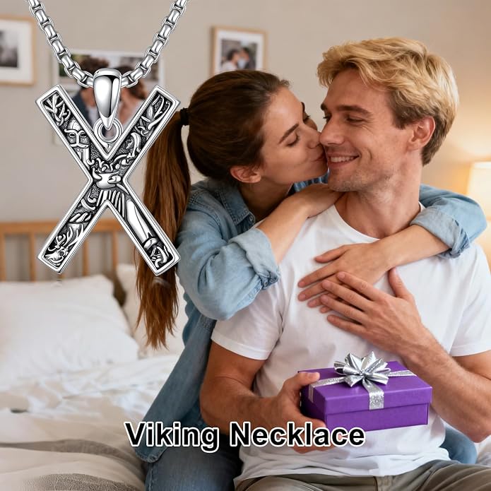 Viking Necklace 925 Sterling Silver Viking Rune Letter Pendant Norse Jewelry Gifts for Men Father