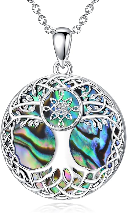 Tree of Life Necklace 925 Sterling Silver Abalone Shell Celtic Knot Tree Pendant Necklace Jewelry Gifts for Women Birthday Christmas