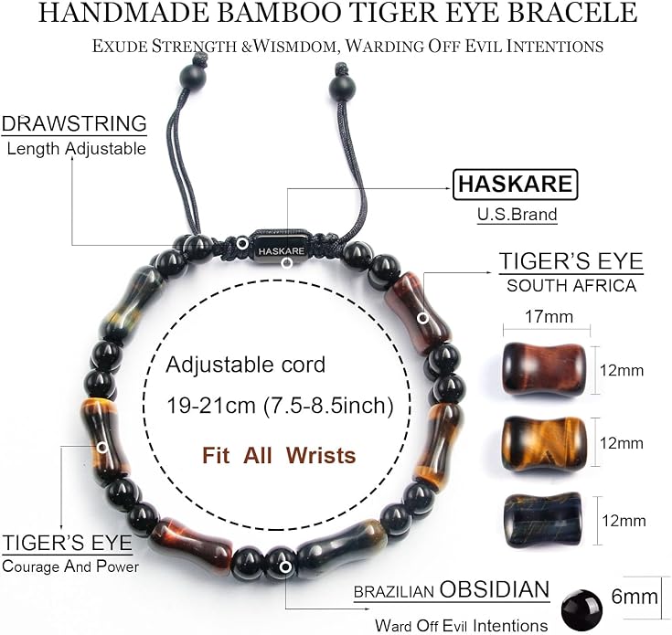 HASKARE Healing Crystals Tiger Eye Bracelets for Men, Mens Jewelry Beads Protection Crystal Tigers Eye Bracelet, Genuine Stone Bead Bracelet Anxiety Relief Drawstring Flatbead Bracelets Gift for Him