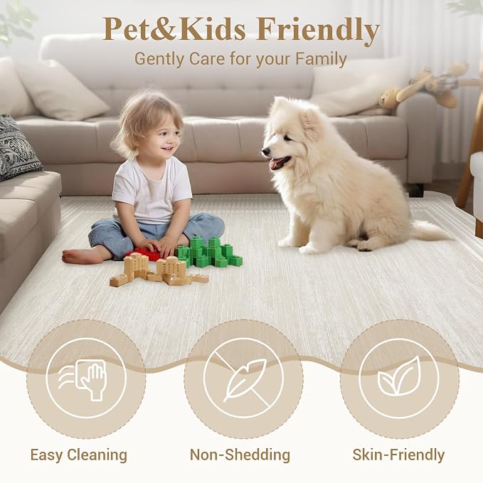 Garvee Washable Area Rug 4x6 Scalloped Rugs for Living Room Solid Carpet 4x6 Rugs for Bedroom Nursery Dining Room Table Non-Slip Stain Resistant Entryway Rug Beige | Rugs for Living Room, Non-Slip Soft Carpet for Bedroom, Scalloped Low-Pile Solid Rug A...