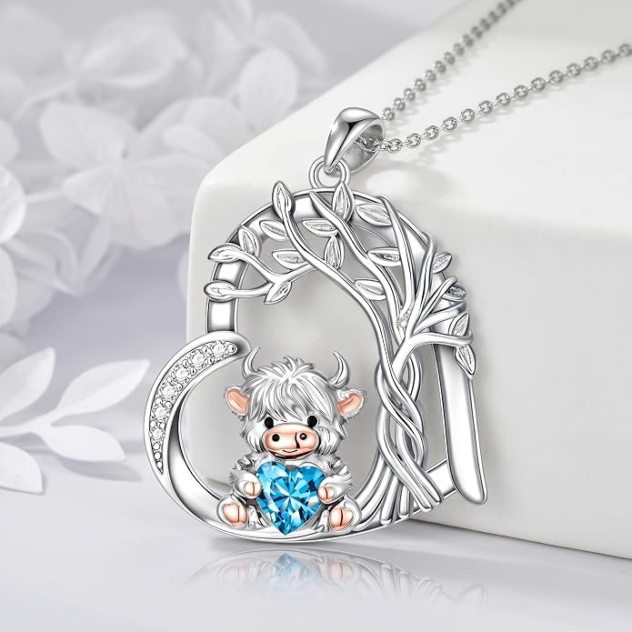 PELOVNY Teddy Bear Necklace for Women 925 Sterling Silver Bear/Highland Cow/Fox/Cat/Axolotl Birthstone Necklace Christmas Birthday Jewelry Gifts for Mom Daughter Wife Sister