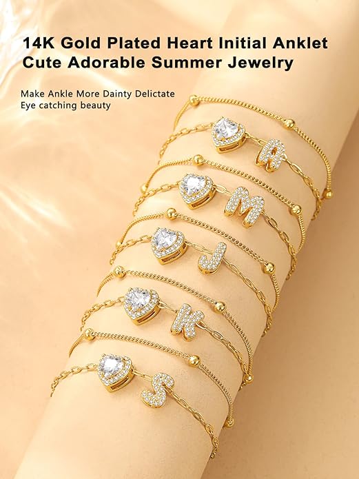 Bestyle Initial Anklet Bracelets for Women Waterproof Non Tarnish 14K Gold/White Gold Plated CZ Anklets for Women Dainty Layered Letter Heart Ankle Bracelets Adjustable Foot Chain Anklet