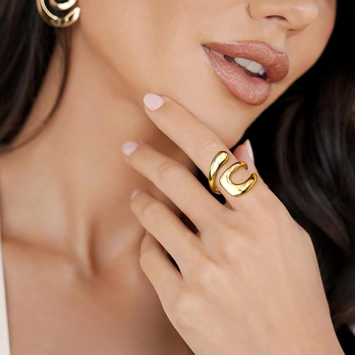 Gelbesty Waterproof Gold Statement Rings for Women, 14K Gold Plated Chunky Open Stackable Rings Non Tarnish Fashion Adjustable Stainless Steel Pinky Knuckle Signet Vintage Ring Jewelry Size 5-11