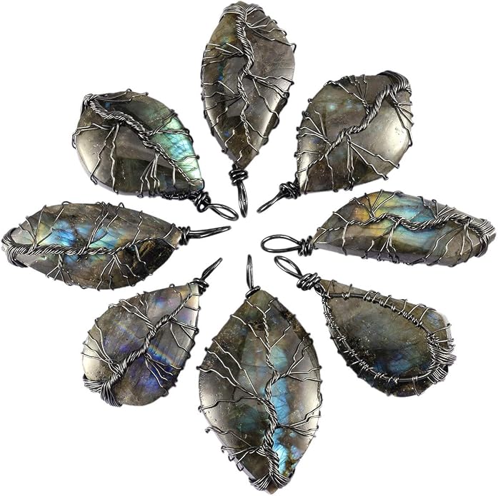 TUMBEELLUWA Labradorite Necklace Irregular Shape Wire Wrapped Quartz Crystal Pendant with Chain Healing Stone Jewelry