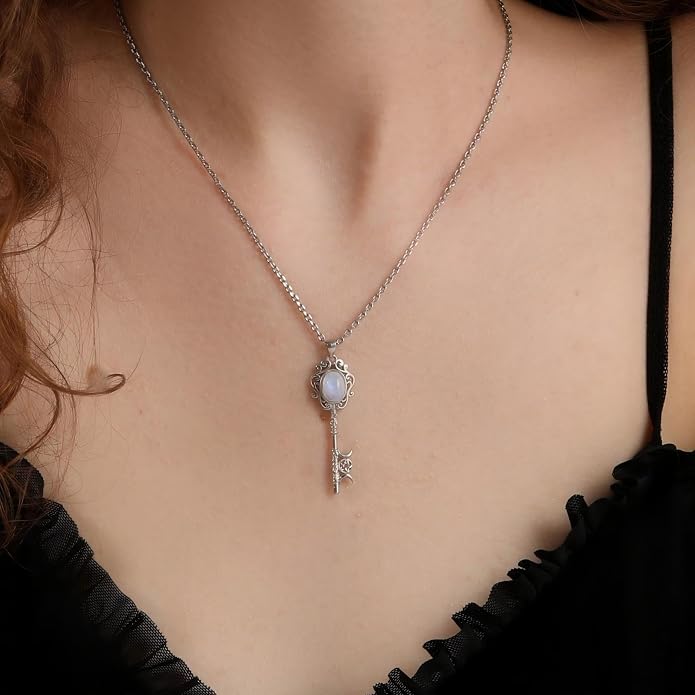 Natural Moonstone Crystal Key Necklace for Women, Retro Triple Moon Key Healing Crystal Wiccan Pagan Jewelry Gift