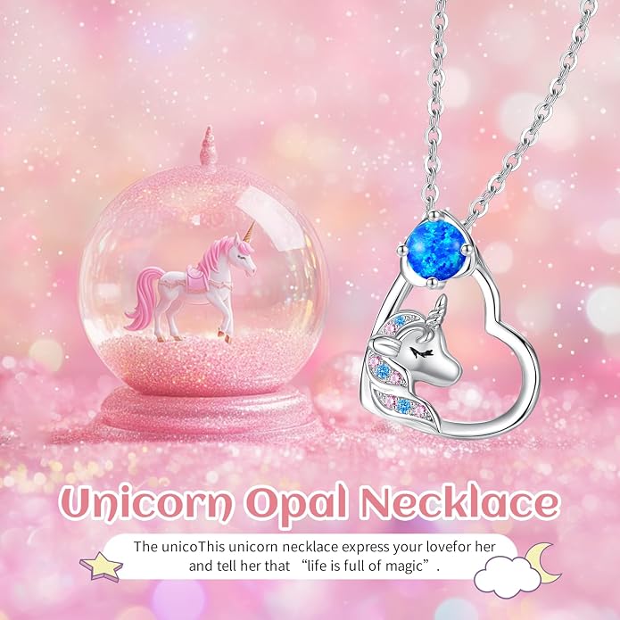CDE Christmas Gift for women Cute Unicorn Birthstone Necklace for Girls Daughter 925 Sterling Silver Opal Heart Pendant Graduation Birthday Christmas Jewelry Gift for Teenage Girls Niece