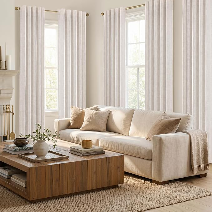 MIULEE Thick Linen Curtains, 42Wx72L, 2 Panels Nautral Light Filtering | Semi Sheer Window Privacy Drapes with Back Tab Rod Pocket for Farmhouse/Living Room/Bedroom, Set of 2 Ivory