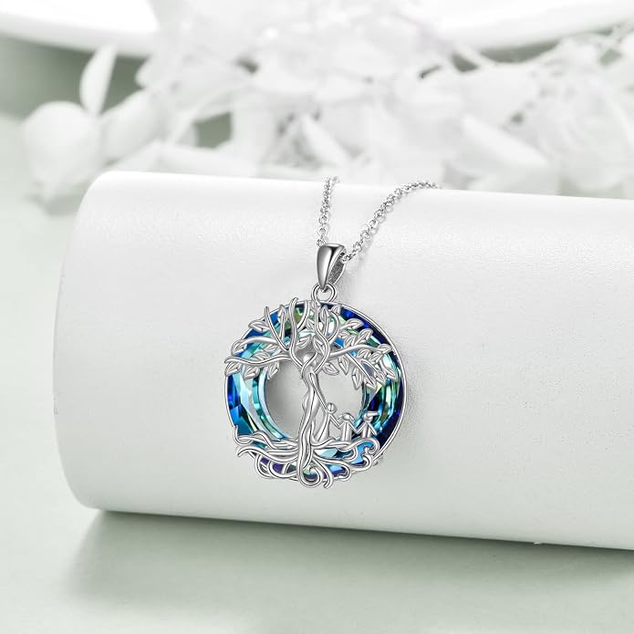 ONEFINITY Tree of Life Necklace for Women Sterling Silver Abalone Shell Crystal Tree of Life Pendant Necklace Family Tree Jewelry for Mom Daughter Sister Girls Christmas Gifts