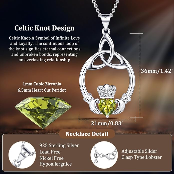 Gift Birthstone Necklaces for Women 925 Sterling Silver Irish Claddagh Necklace for Women Heart Birthstone Pendant Necklace Anniversary Birthday Gifts for Wife Lady Cable Chain 18"+2"