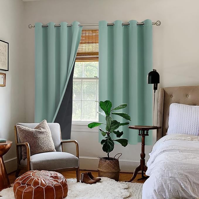BGment Thermal Insulated 100% Blackout Curtains for Bedroom with Black Liner, Double Layer Full Room Darkening Noise Reducing Grommet Curtain (52 x 72 Inch, Frosty Green, 2 Panels)