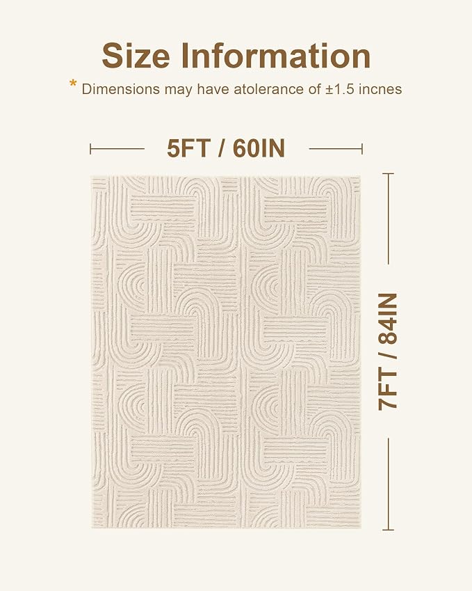 Carvapet 5x7 Area Rug - Beige Modern Geometric Maze 3D High Low Pile Texture Floor Carpet, Washable Soft Plush Velvet Rug with Skid-Resistant Backing for Living Room Bedroom
