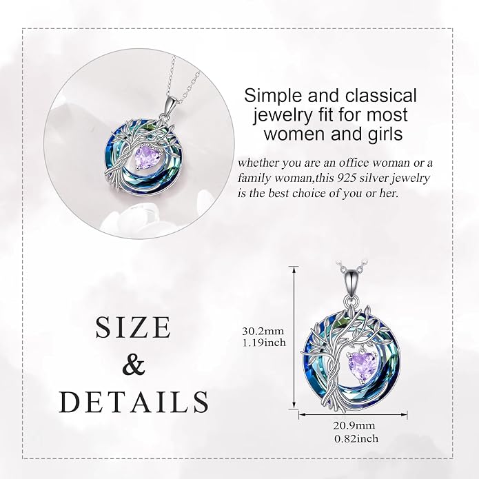 POPLYKE Mothers Day Gifts for Mom Her Wife Tree of Life Necklace 925 Sterling Silver Birthstone Pendant with Crystal Anniversary Birthday Wedding Jewelry for Women