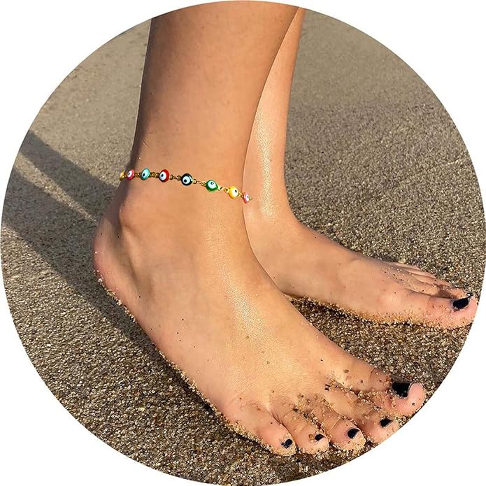 2 Pcs Evil Eye Anklet Bracelets for Women Men,18K Gold Plated Stainless Steel, Handmade Adjustable Amulet, Evil Eyes Jewelry for Family Best Friends